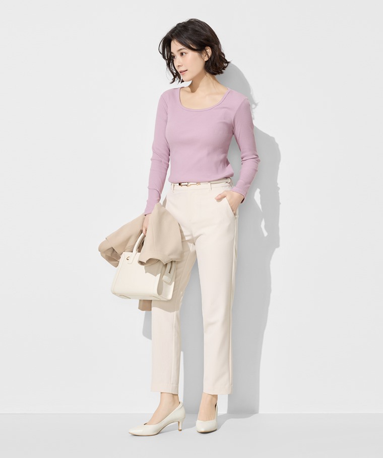 羅紋U領長袖T恤-女