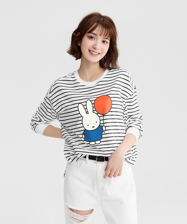 Miffy寬長版條紋長袖印花T恤-02-女