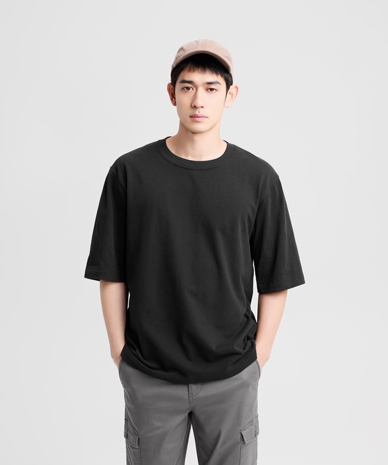 磨毛柔棉寬版五分袖T恤-男