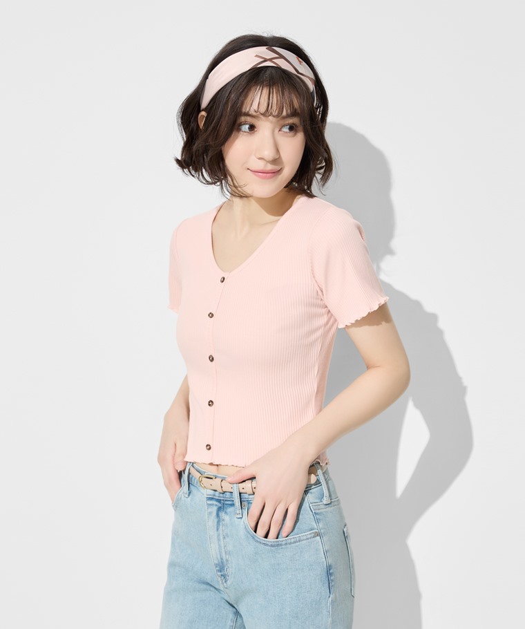 羅紋V領鈕釦T恤-女