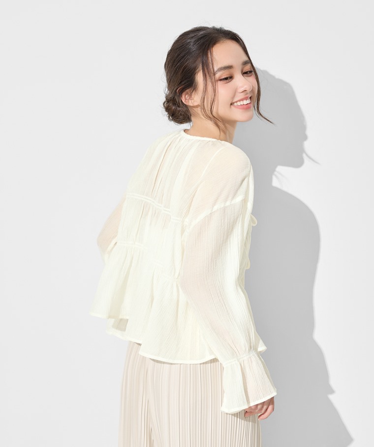 透膚細褶短版綁帶上衣-女