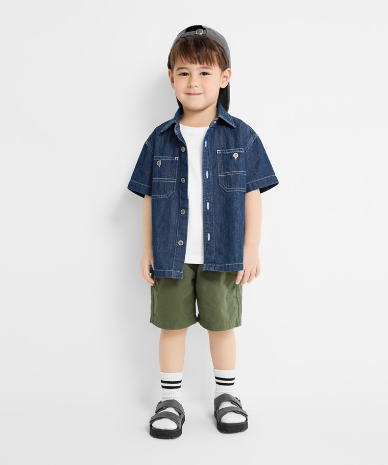 牛仔寬版短袖襯衫-童