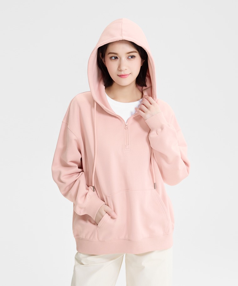 刷毛寬鬆半開襟連帽上衣-女