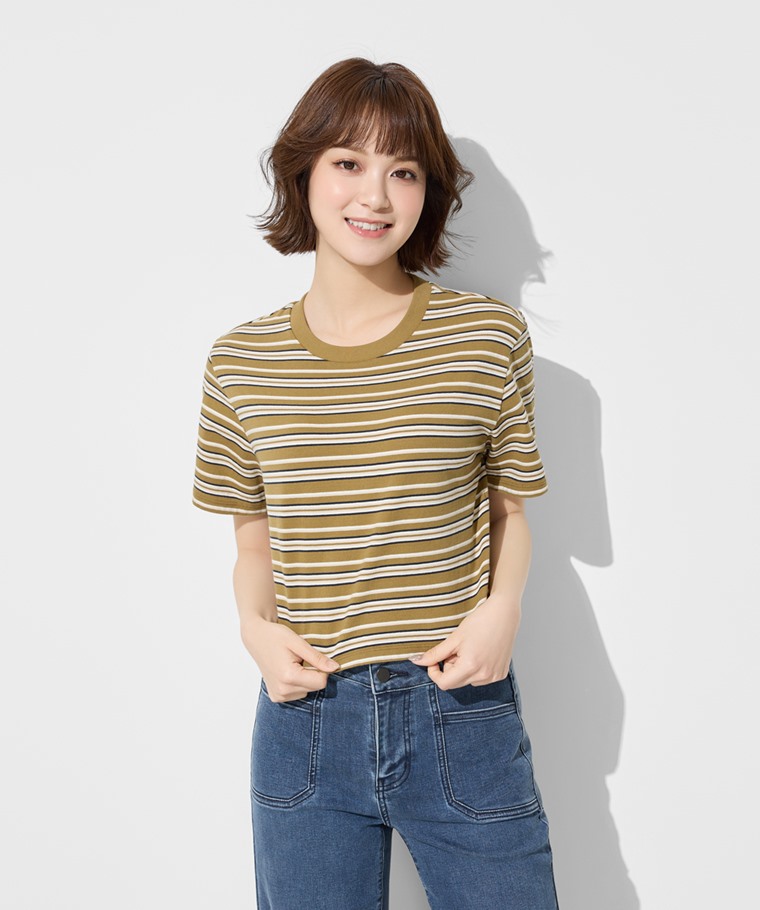純棉短版條紋T恤-女