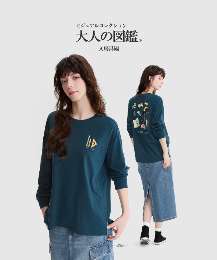 大人的圖鑑寬長版長袖印花T恤-07-女