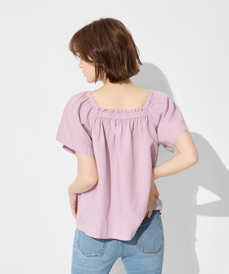 亞麻混紡方領寬版上衣-女