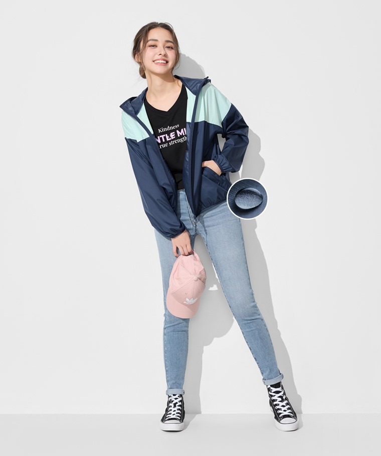 抗UV輕型配色連帽風衣外套-女