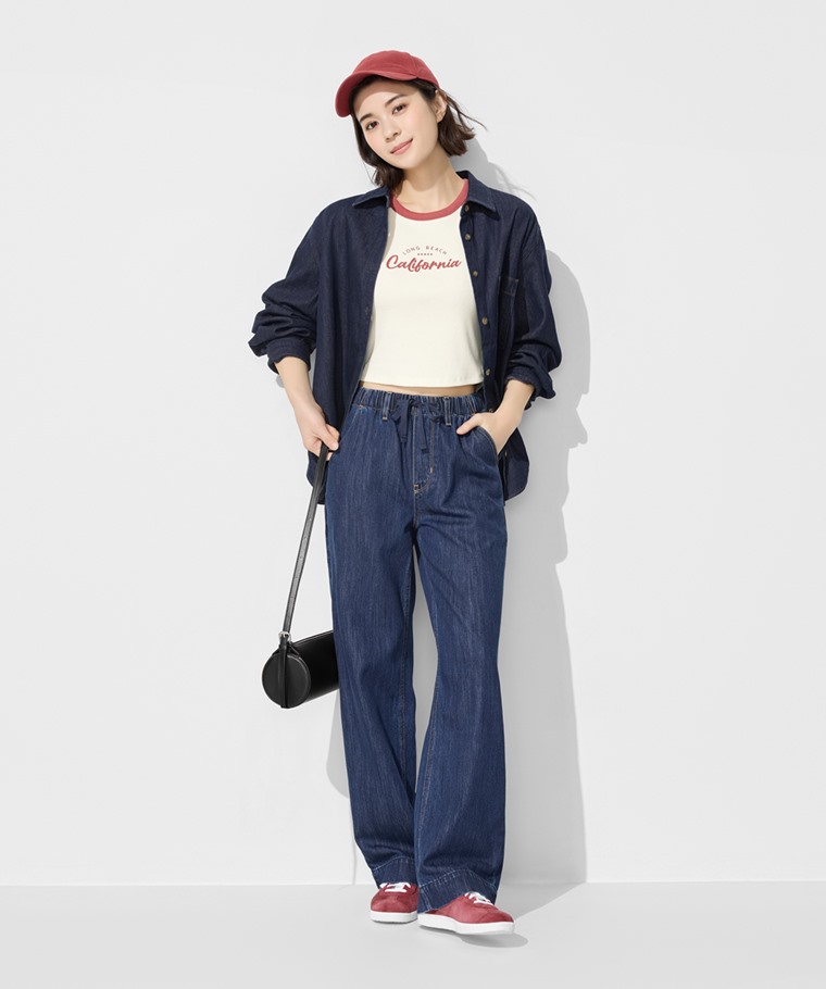 羅紋拉克蘭袖文字印花短版T恤-女