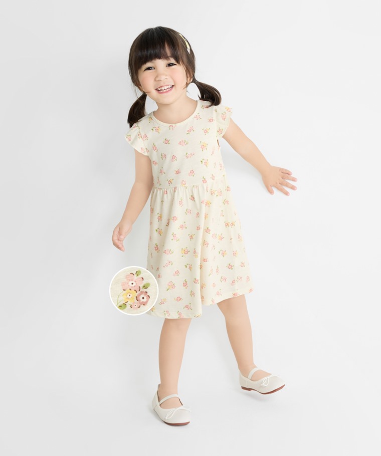 竹節棉荷葉袖花卉洋裝-童