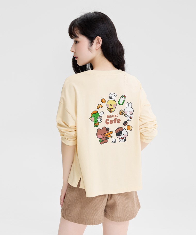 LINE FRIENDS minini寬短版落肩長袖印花T恤-03-女