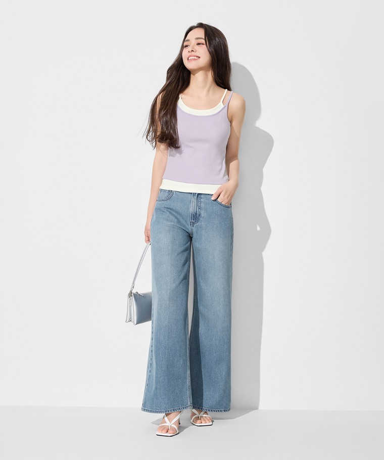 羅紋短版假兩件細肩帶-女