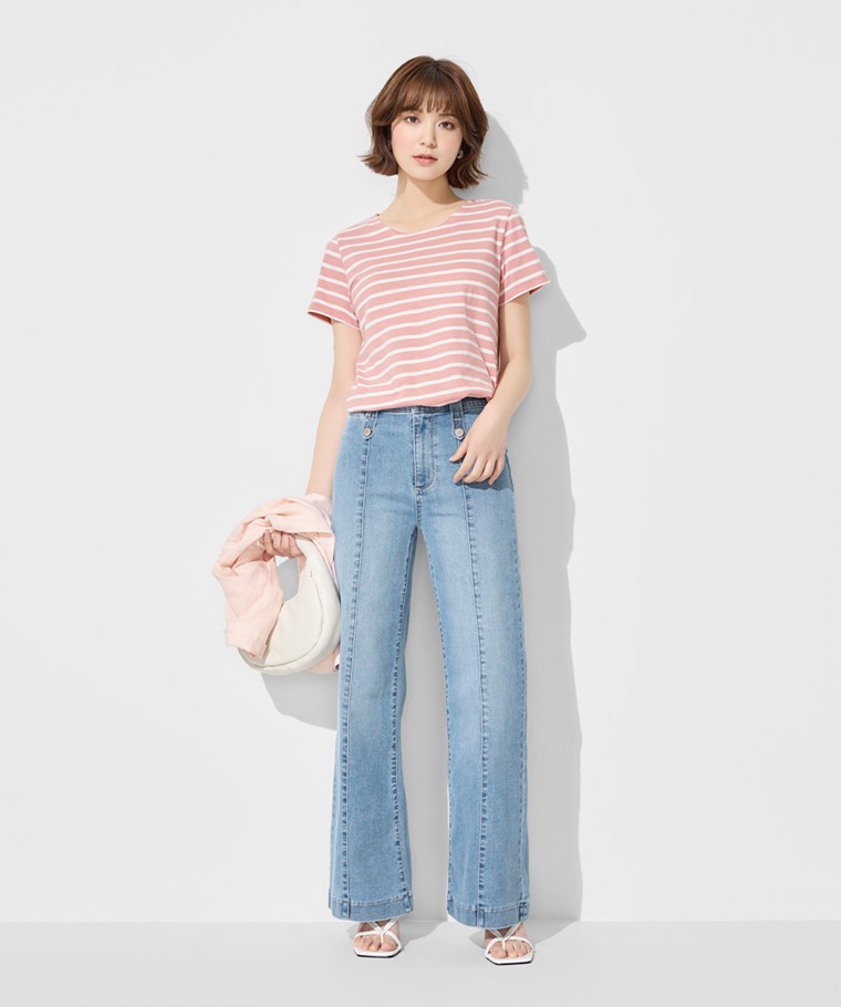 竹節棉條紋短袖T恤-女