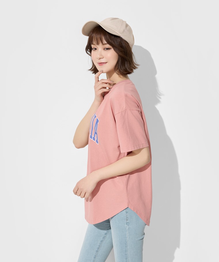 粗紡寬長版文字印花T恤-女