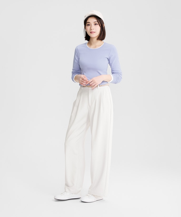 棉質羅紋圓領長袖T恤-女