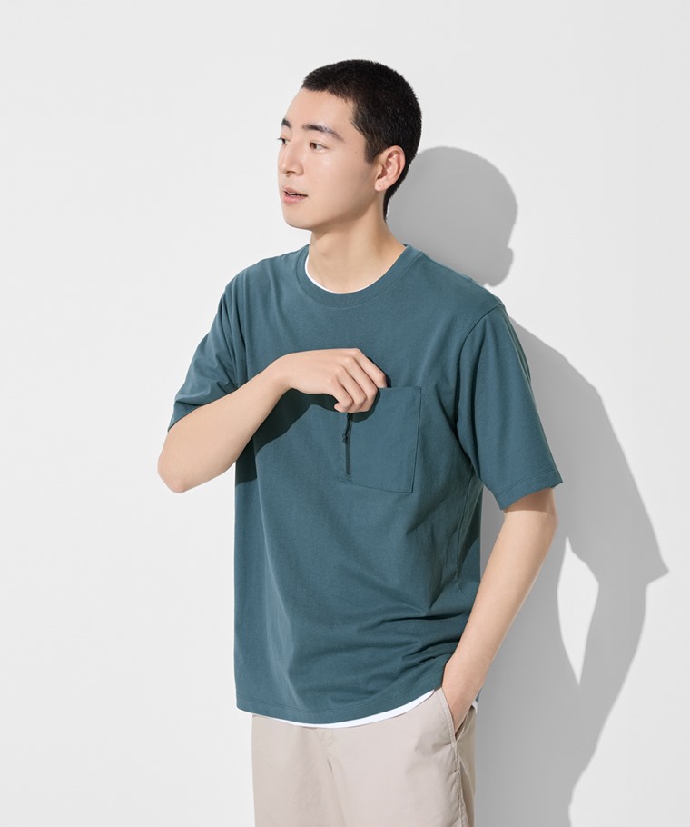 純棉厚寬版拉鍊袋五分袖T恤-男