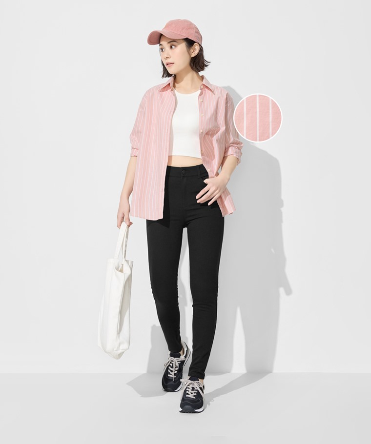柔棉條紋長袖襯衫-女