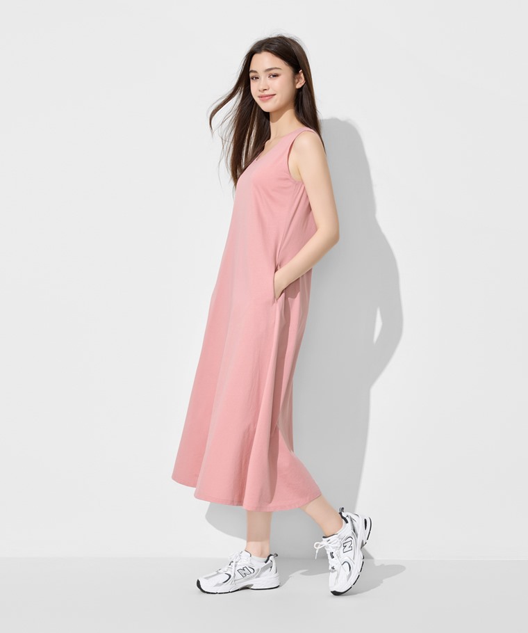 絲光棉寬鬆V領長洋裝-女