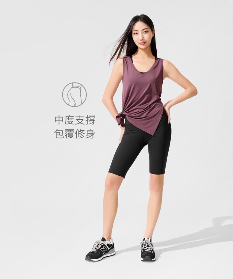 吸排附口袋中度五分緊身短褲-女