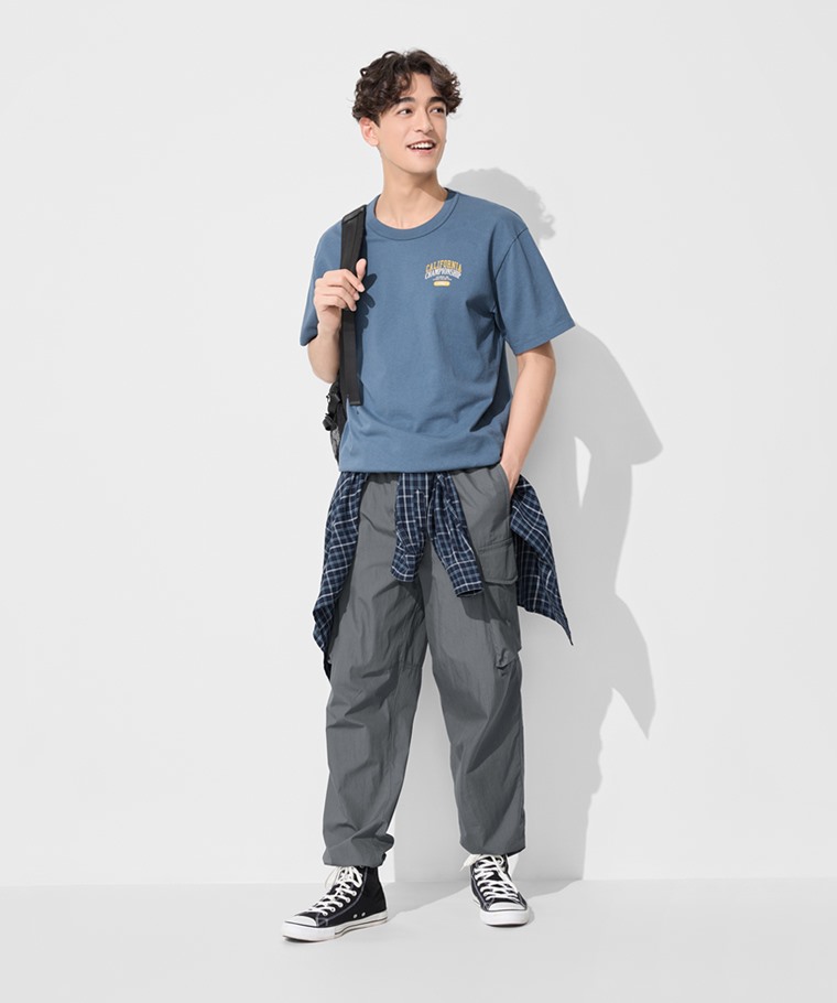春夏男裝新品：男 · 粗紡寬版文字印花T恤-02,男 · 寬版工裝長褲,男 · 格紋長袖襯衫