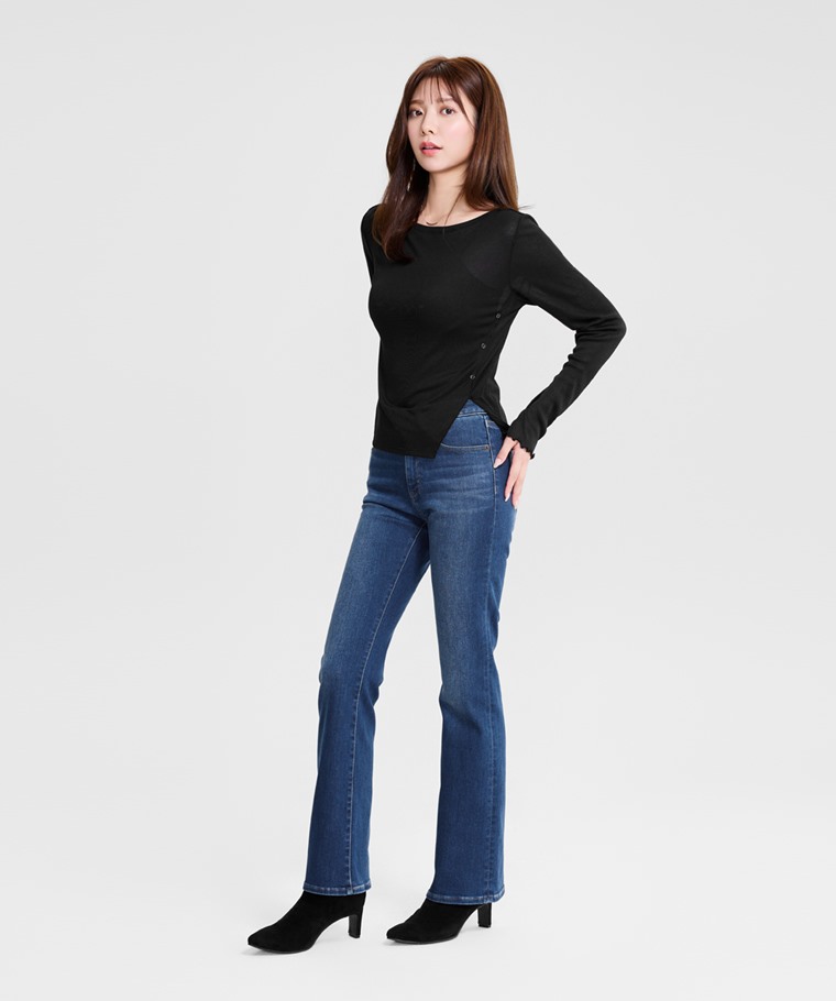 輕柔羅紋船領透膚長袖上衣-女