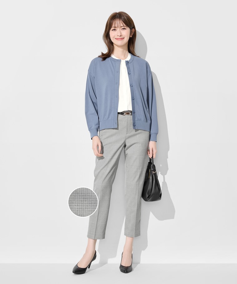 職場穿搭推薦：女 · 鬆緊腰頭格紋九分褲,女 · 嫘縈立領連袖襯衫,女 · 抗UV寬版圓領開襟外套