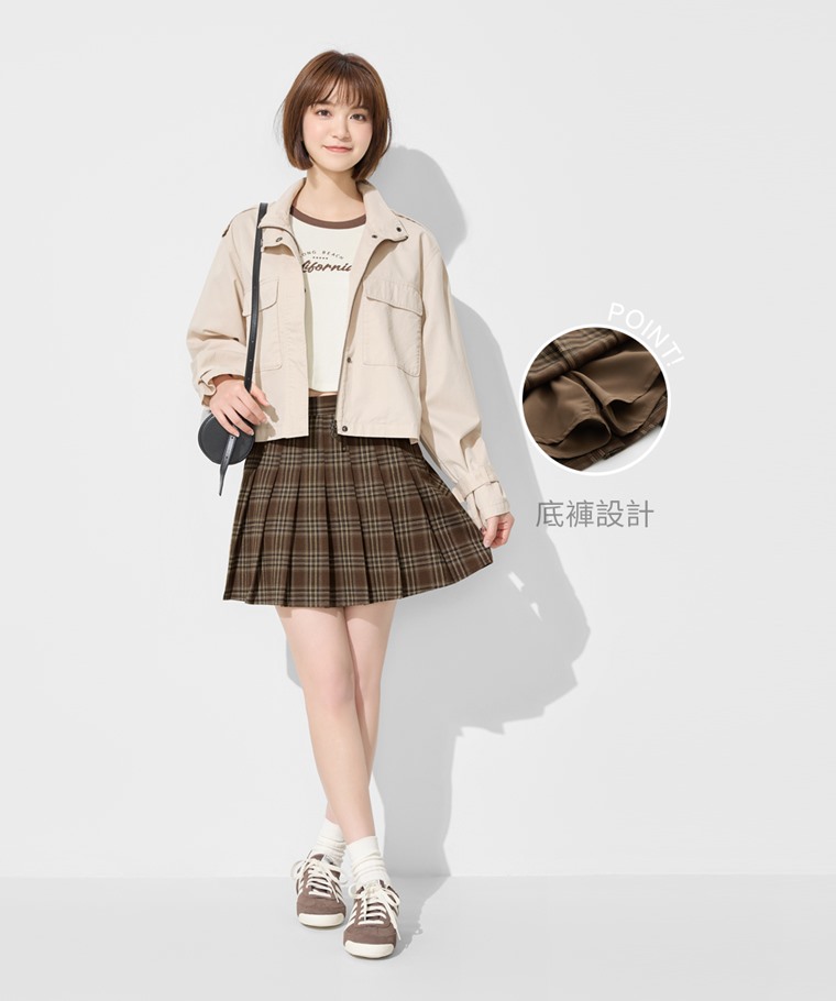 格紋百褶連褲短裙-女