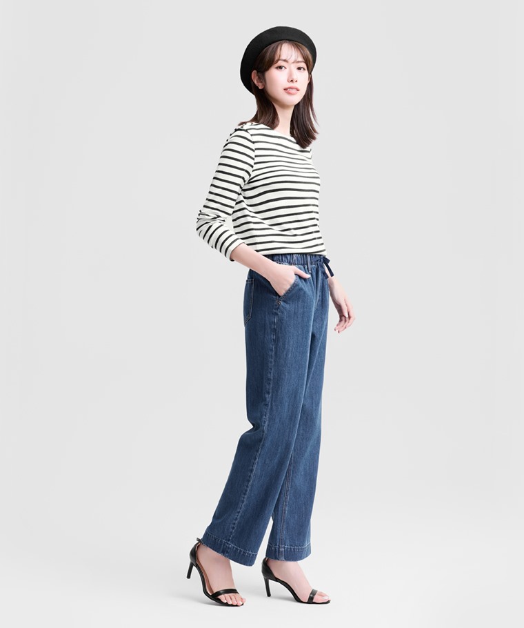 純棉粗紡條紋船型領T恤-女