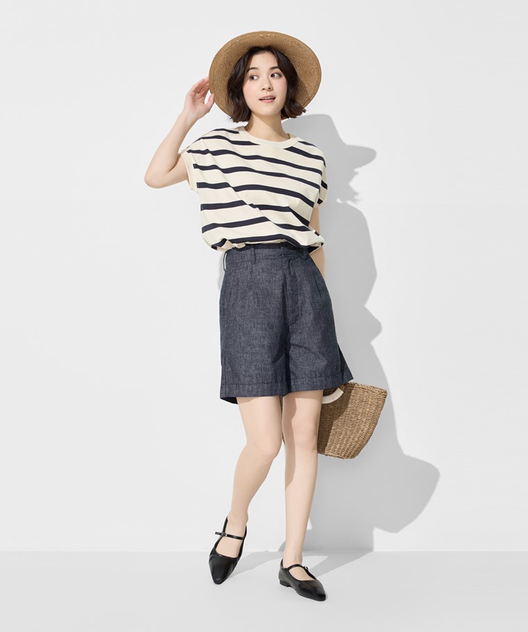 春夏女裝新品：女 · 棉麻打褶五分褲,女 · 粗紡條紋連袖寬鬆上衣