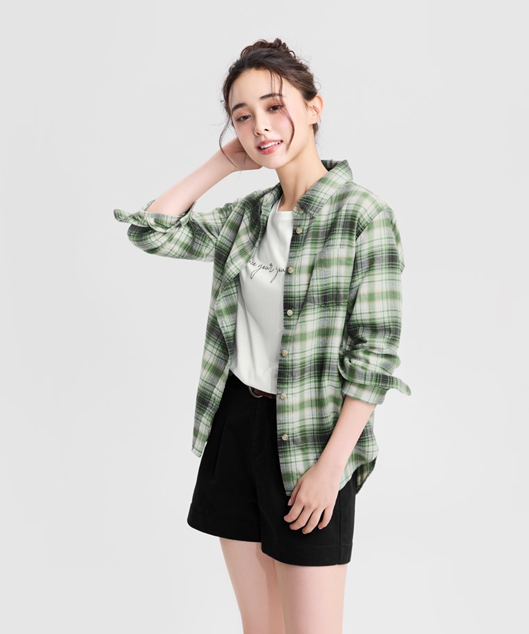 法蘭絨格紋襯衫-女