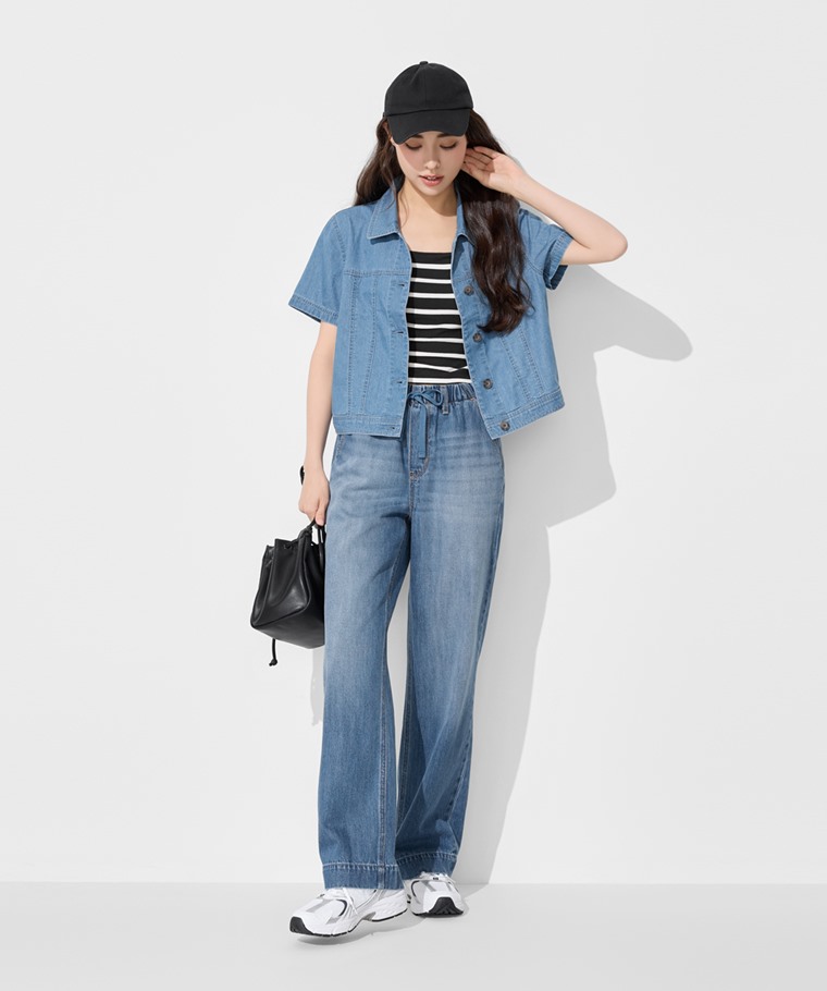 春季新品上市：女 · 牛仔短袖襯衫式外套,女 · Bra條紋中短版細肩帶背心,女 · 鬆緊直筒落地牛仔褲