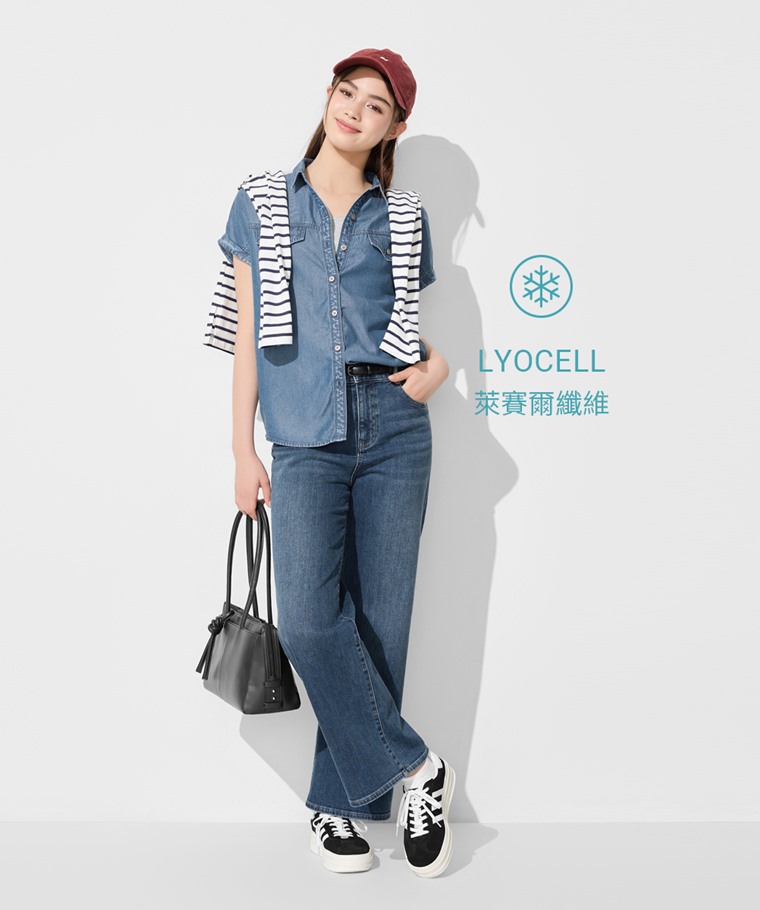 輕薄牛仔短袖襯衫-女
