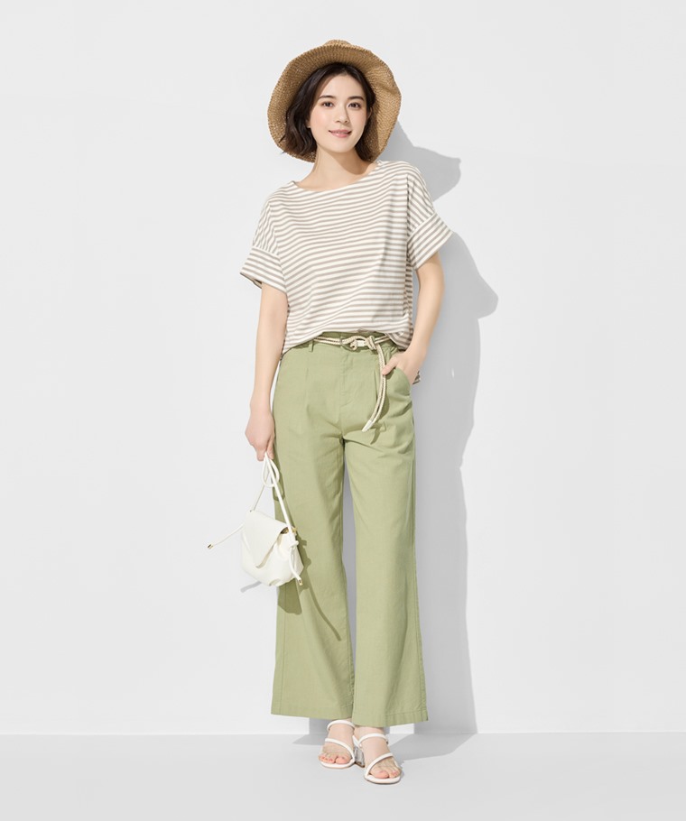 柔滑棉條紋寬鬆圓領T恤-女