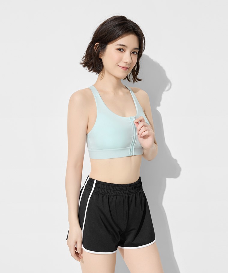 運動精選系列：女 · 輕度支撐前開式拉鍊Bra背心,女 · 運動配色短褲