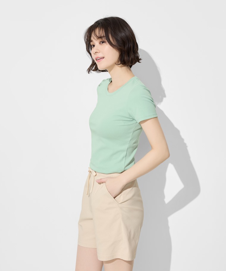 棉質羅紋圓領T恤-女