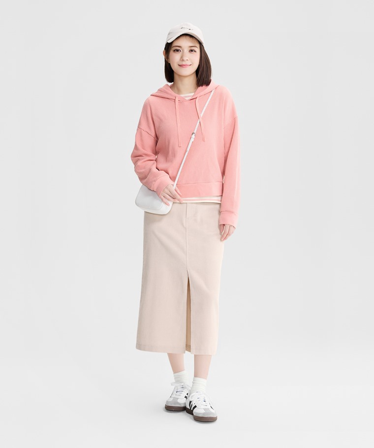 華夫格寬短版連帽上衣-女
