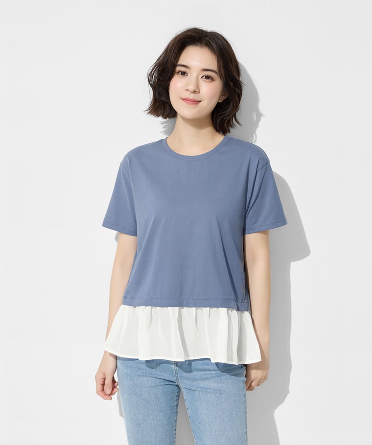 春夏女裝新品：女 · 柔滑棉寬鬆雪紡拼接上衣,女 · 特彈修身九分牛仔褲