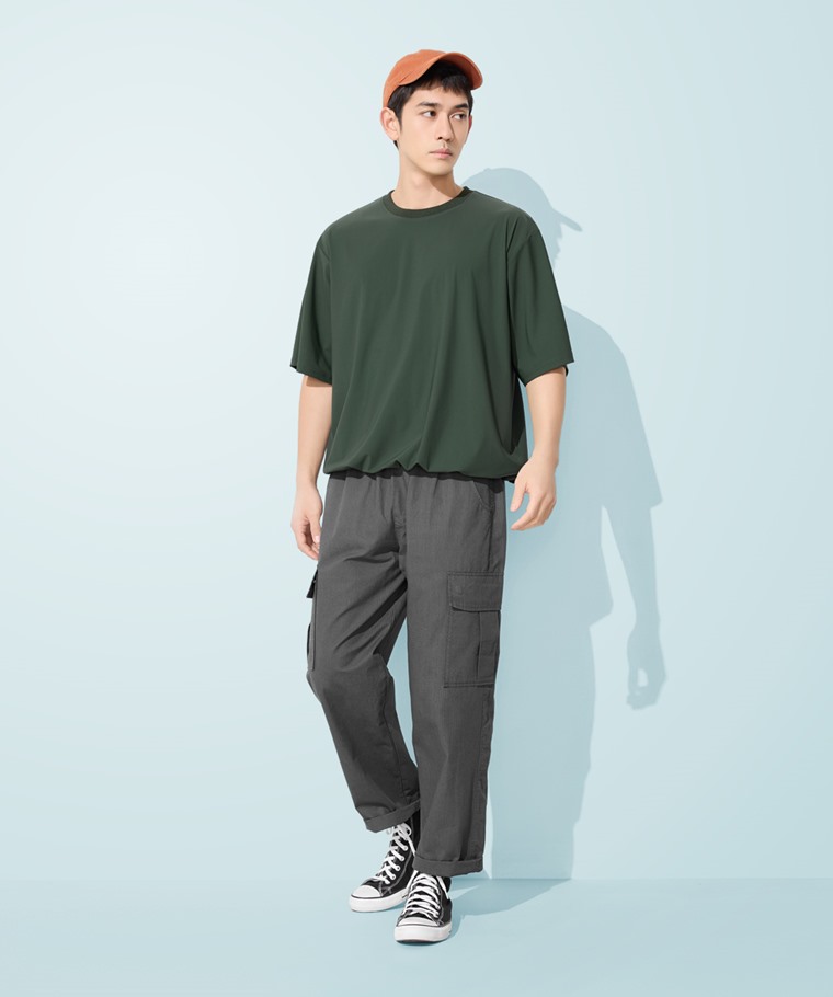 涼感彈力寬版抽繩T恤-男