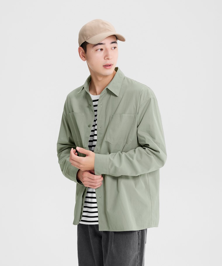 棉質工裝寬版長袖襯衫-男