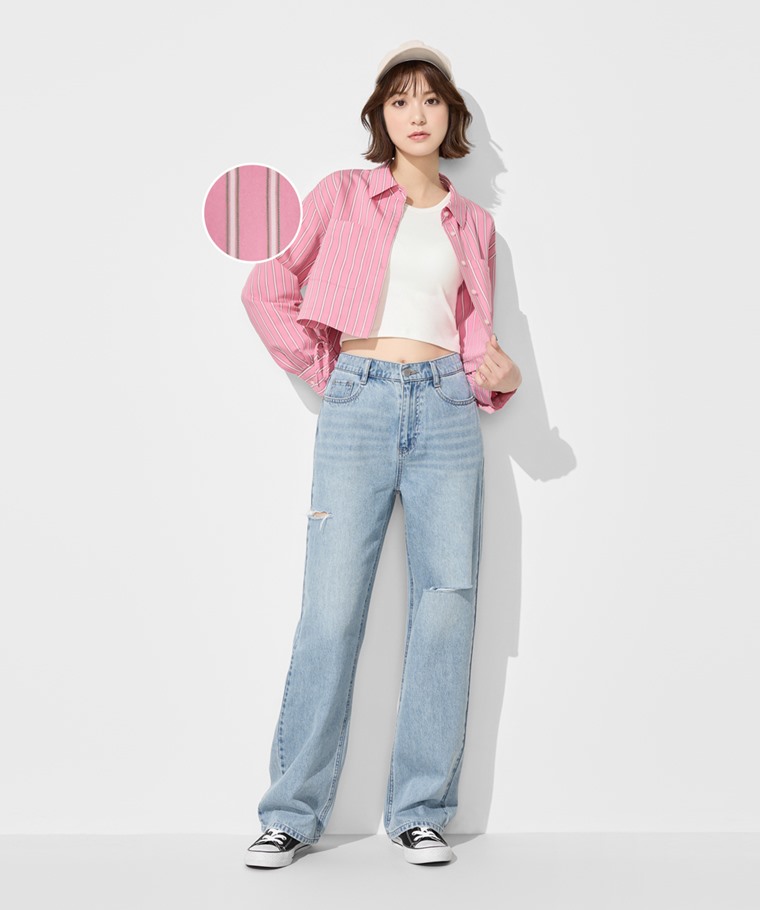 輕柔條紋短版長袖襯衫-女