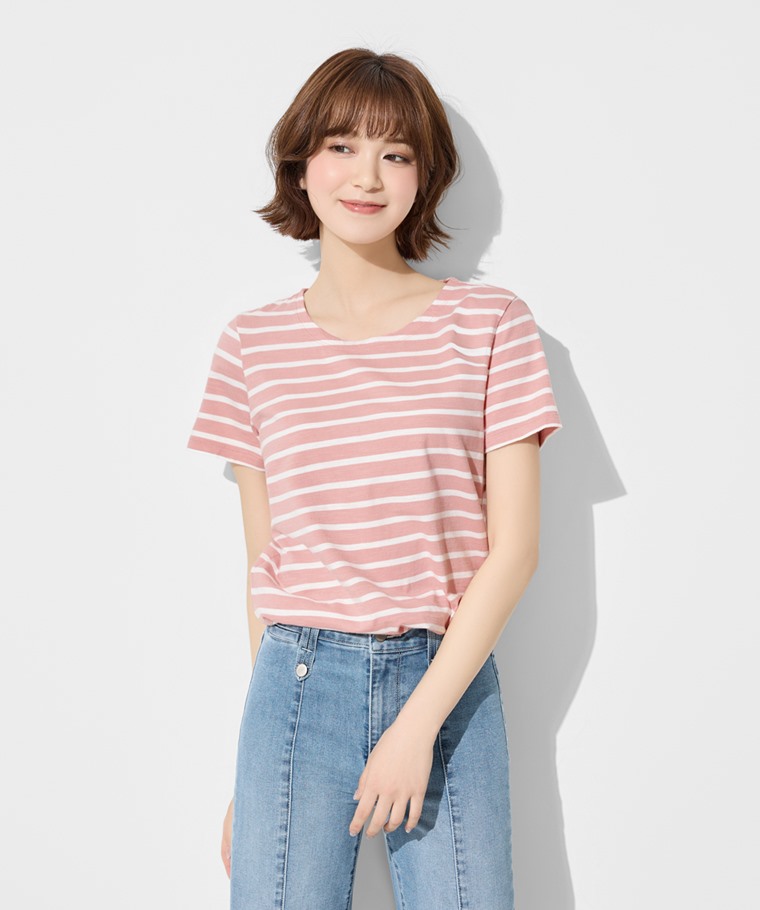 竹節棉條紋短袖T恤-女