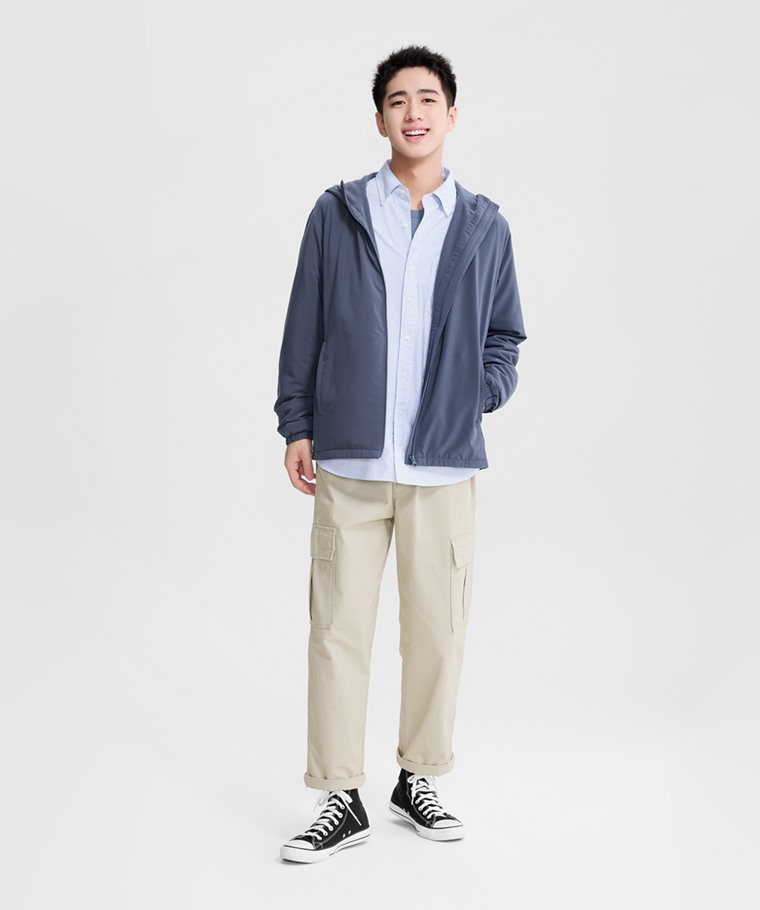 秋冬男裝新品：男 · 機能休閒連帽外套,男 · 寬版工裝九分褲,男 · 牛津條紋長袖襯衫,男 · 純棉圓領長袖T恤