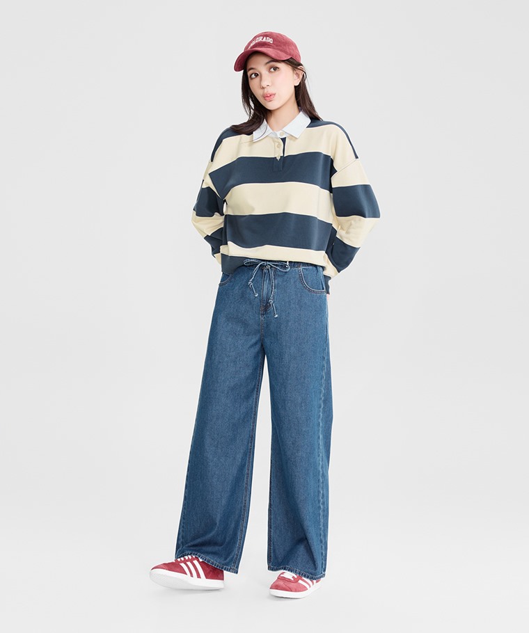 秋冬女裝新品：女 · 可調節腰繩牛仔寬褲,女 · 毛圈寬鬆短版條紋上衣