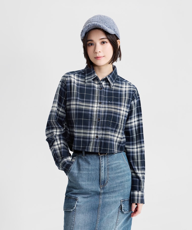 法蘭絨短版襯衫-女