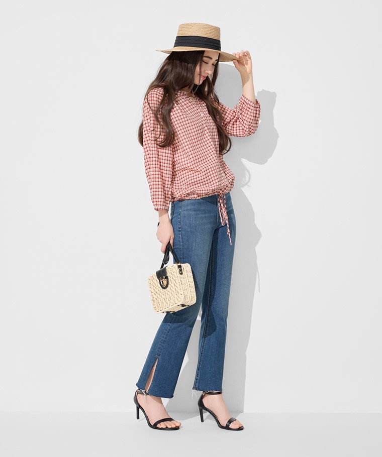 輕薄格紋七分袖抽繩襯衫-女