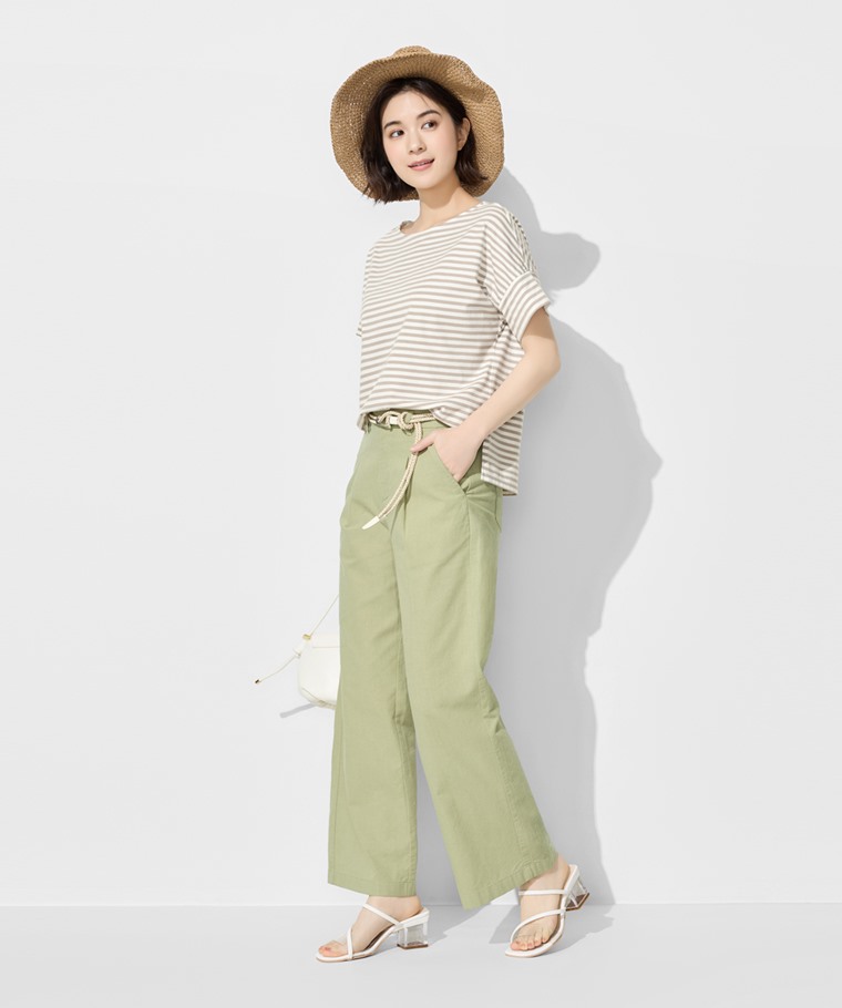 柔滑棉條紋寬鬆圓領T恤-女