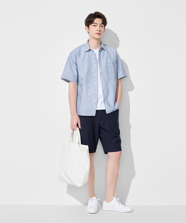 春夏男裝新品：男 · 棉麻寬版條紋短袖襯衫,男 · 棉麻短褲,男 · 純棉背心