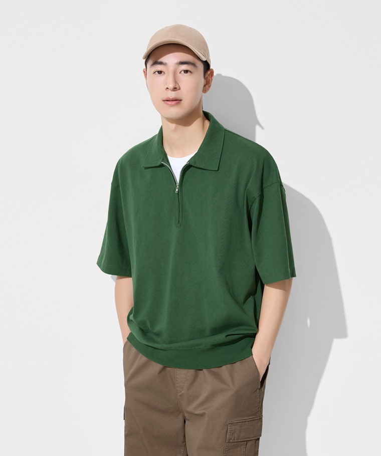 粗紡半開襟五分袖寬版上衣-男