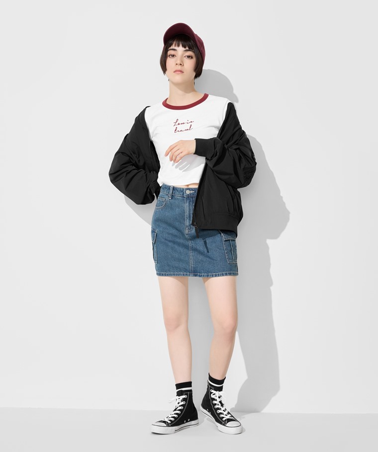 純棉羅紋配色文字電繡T恤-女