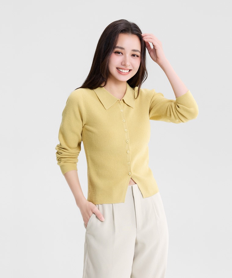 短版翻領針織開襟衫-女