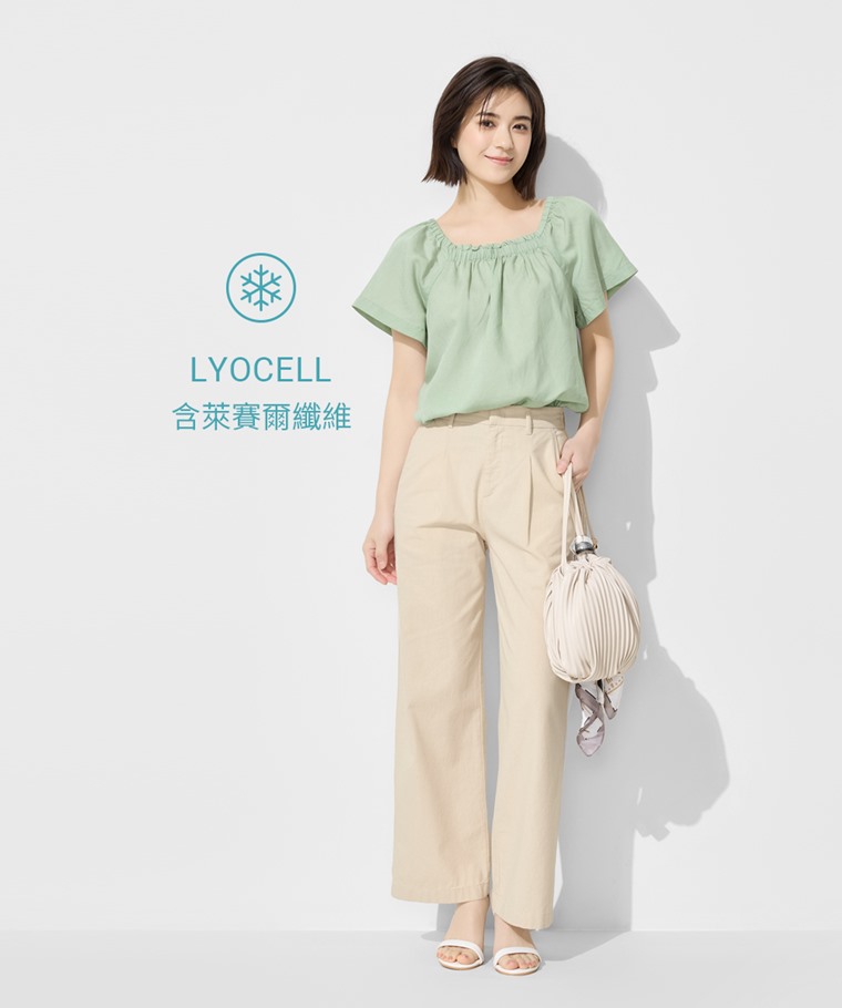 亞麻混紡方領寬版上衣-女